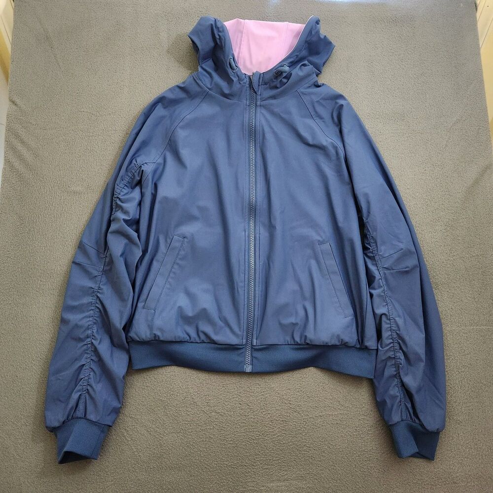 Fabletics Women M Navy Purple Full Zip Amara Reversible Ruched Sleeve Jacket